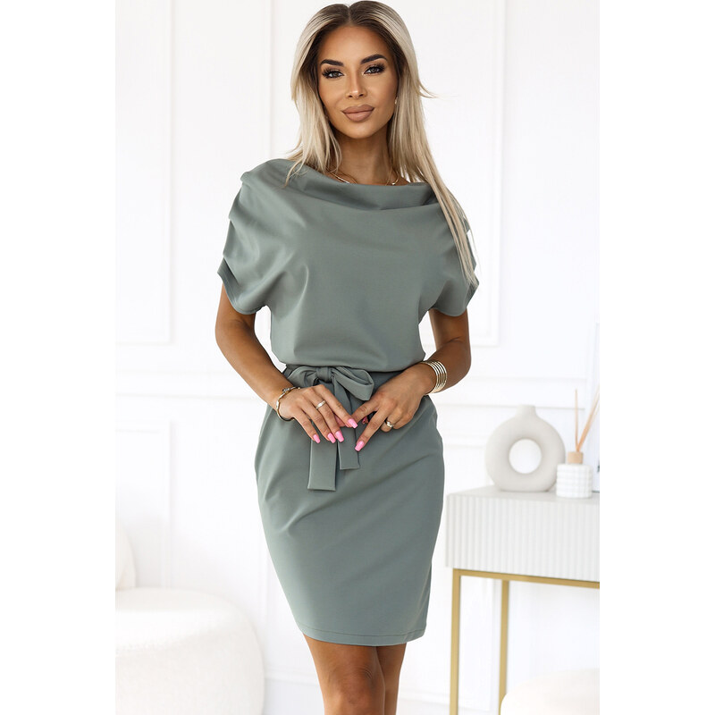 NUMOCO Olivové dámske šaty s asymetrickou sukňou CAMILA 240-4 65151357