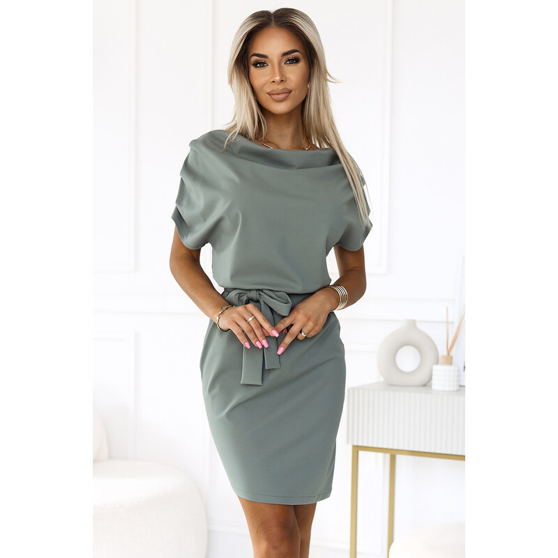 Numoco ROXI šaty s asymetrickou sukňou a opaskom - olivová farba 240-4 65309103