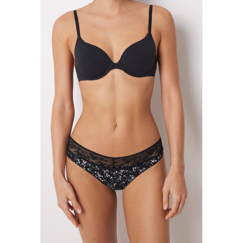 womensecret Klasické bavlnené nohavičky s kvetinami a čipkou 61804356