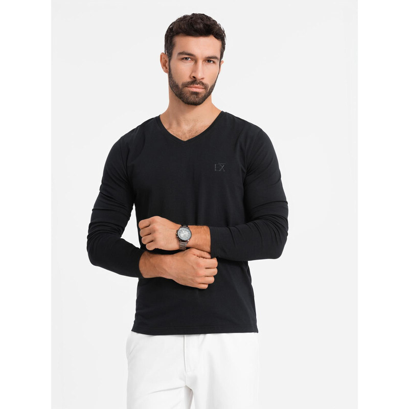 Ombre mens V-neck SLIM FIT ongsleeve with elastane and print - black 64788546