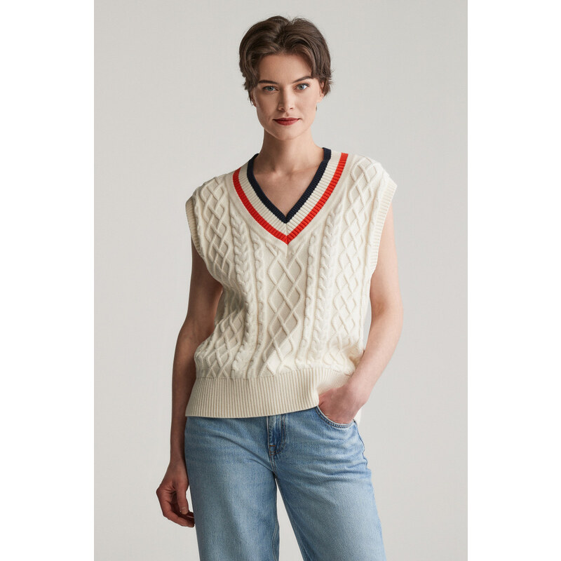 VESTA GANT CONTRAST CABLE V-NECK VEST CREAM 61838370