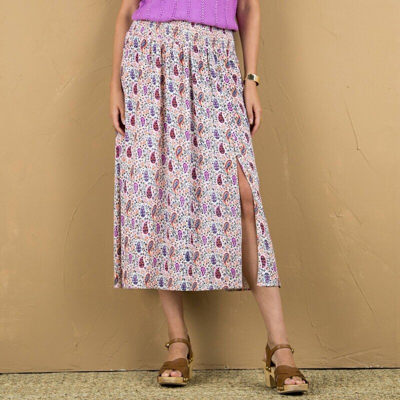 Midi sukňa s rozparkom, žabkovaným pásom a potlačou modrá/ružová 040 61843552