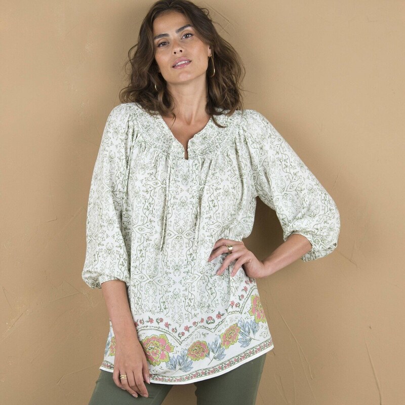 Tunika so širokými 3/4 rukávmi a potlačou ražná/nám.modrá 042 61843594