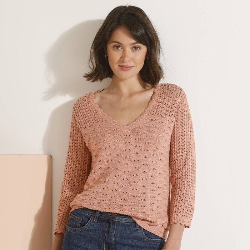 Ažúrový pulóver s výstrihom do V ružová 052 Blancheporte 61843728