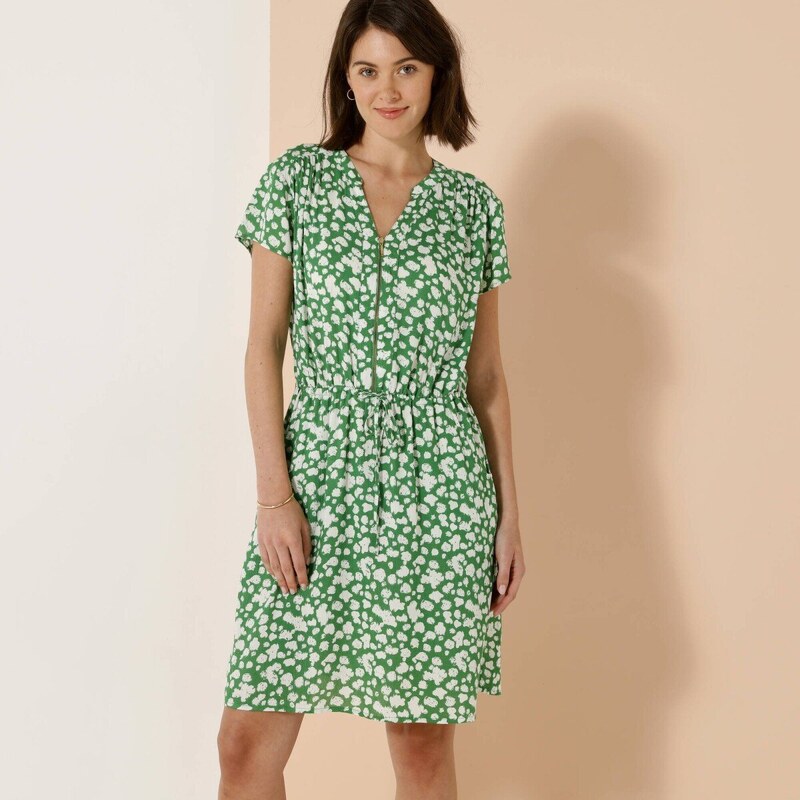 Krátke šaty z krepónu s potlačou so zipsom vo výstrihu a krátkymi 61843738