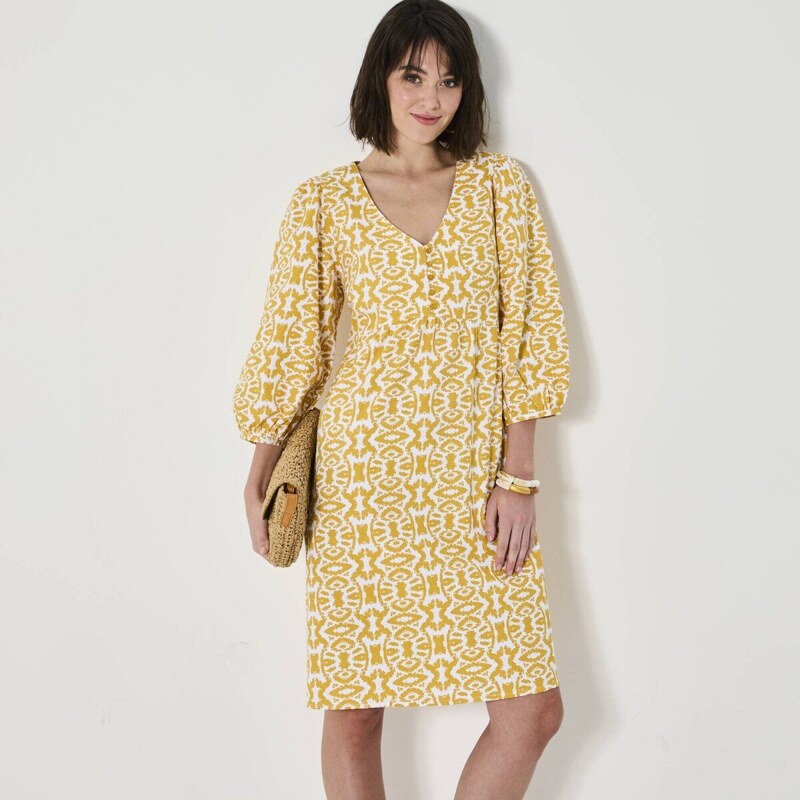 Krátke rozšírené šaty s potlačou ikat medová/biela 036 Blancheporte 61843818