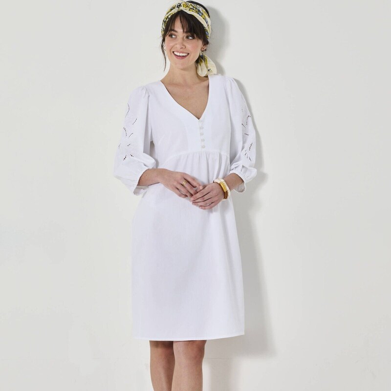 Jednofarebné krátke rozšírené šaty s výšivkou biela 036 Blancheporte 61843821