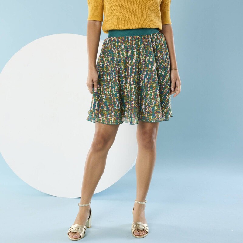 Krátka rozšírená sukňa s potlačou pre nižšiu postavu tyrkysová/medová 61843870
