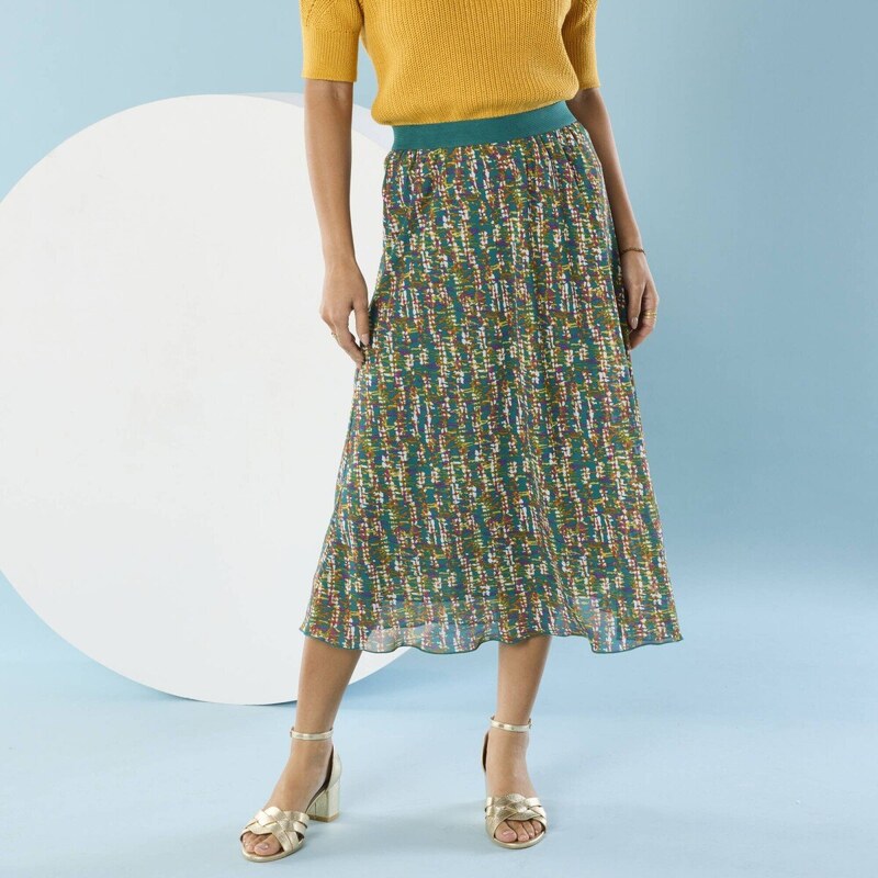 Midi rozšírená sukňa s potlačou, pre nižšiu postavu tyrkysová/medová 61843869
