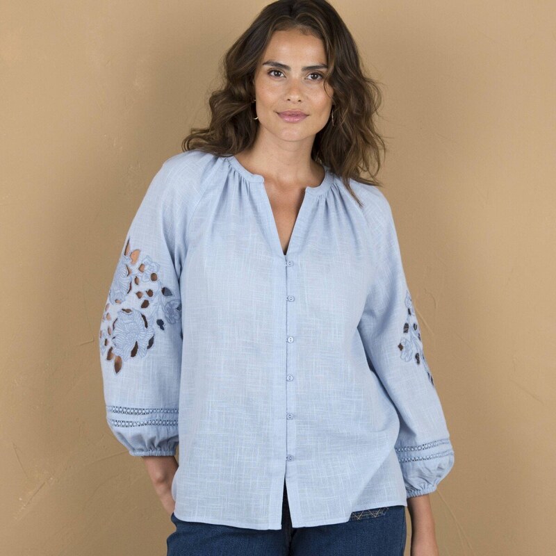 Blúzka so 7/8 rukávmi a ažúrovou výšivkou modrosivá 052 Blancheporte 61843638