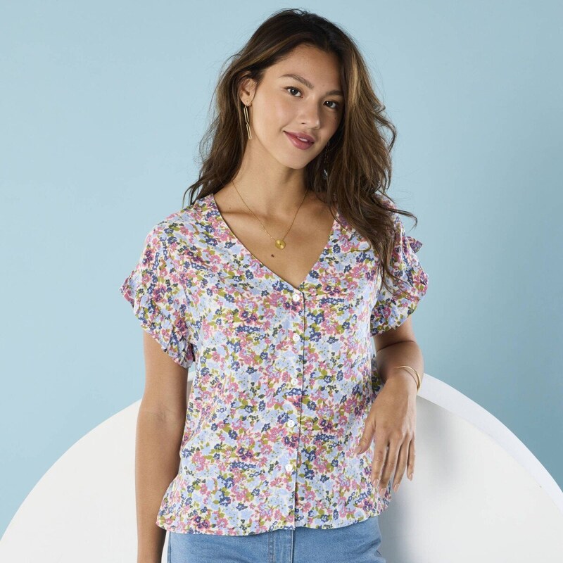 Blúzka s potlačou pre nižšiu postavu biela/modrá 040 Blancheporte 61843855