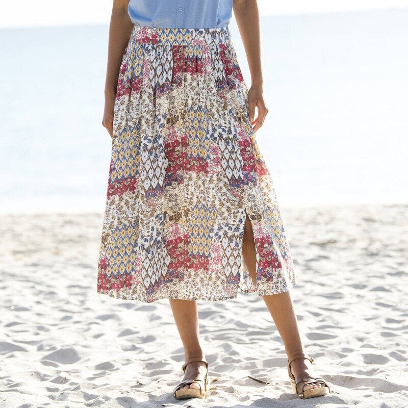 Midi sukňa zo vzdušného krepónu s potlačou ražná/modrá 036 61854079