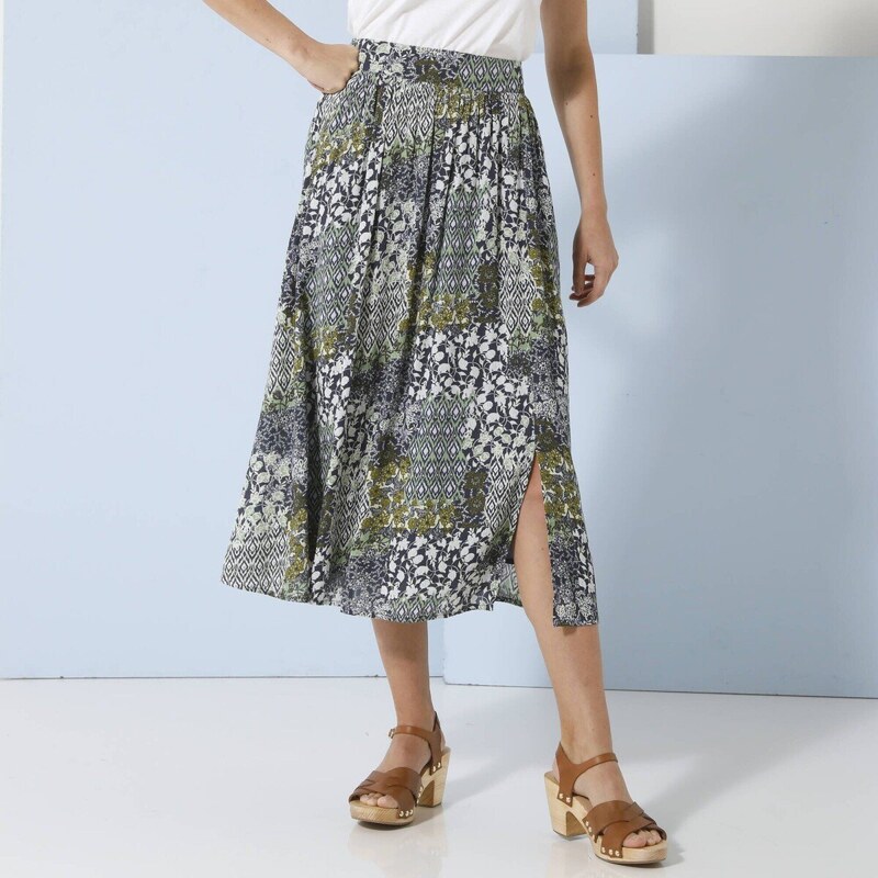 Midi sukňa zo vzdušného krepónu s potlačou modrá/zelená 036 61854097