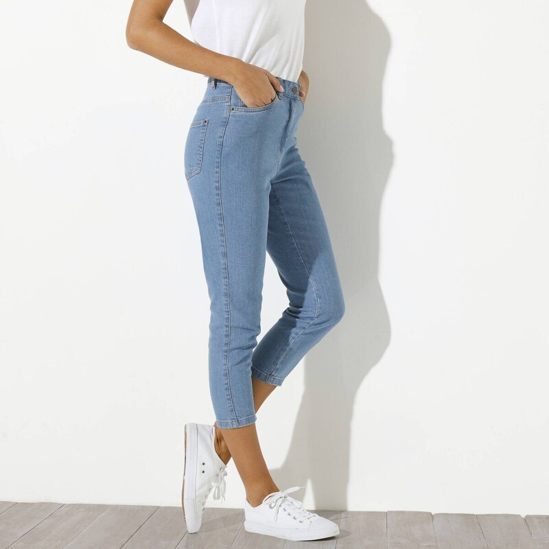 Úzke denimové 7/8 nohavice zapratá modrá 042 Blancheporte 61882552