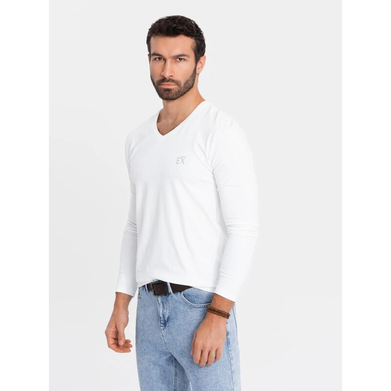 Ombre Clothing Trendy biele tričko s dlhým rukávom s V-výstrihom, s 61909400