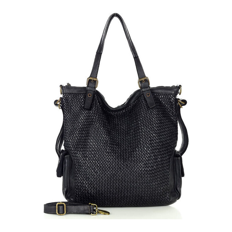 MARCO MAZZINI čierna kožená shopper kabelka s pleteným vzorom (v202a) 30586605