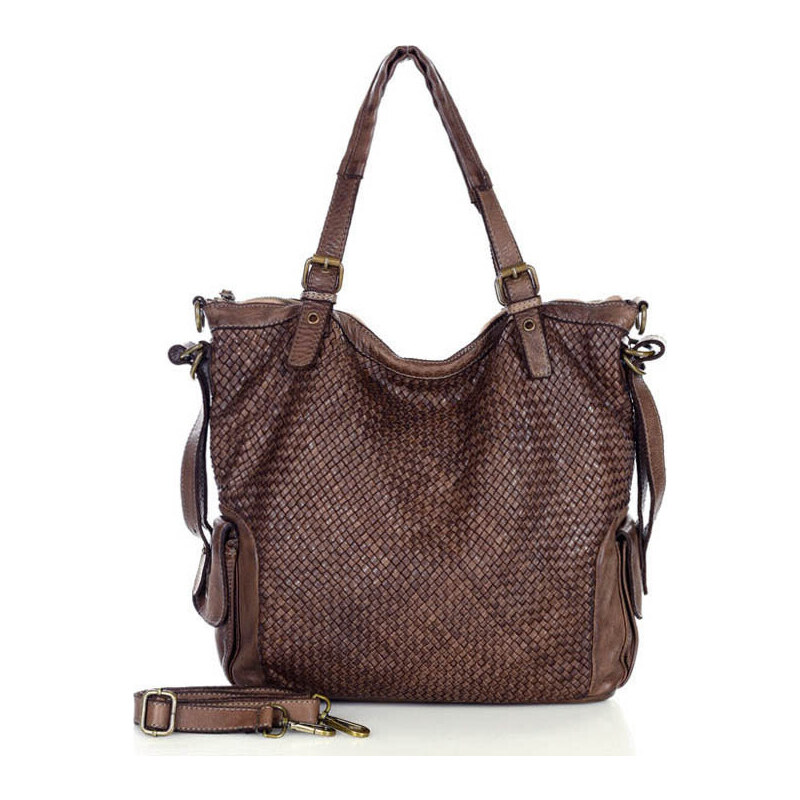 MARCO MAZZINI tmavohnedá kožená shopper kabelka s pleteným vzorom 30586607