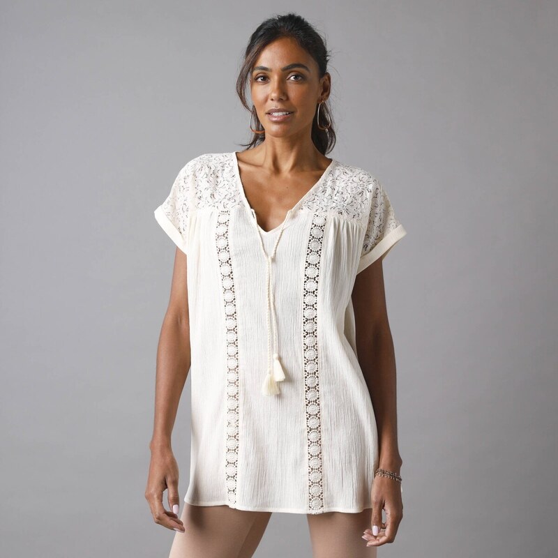 Jednofarebná krepónová tunika s čipkou a macramé ražná 036 61971379