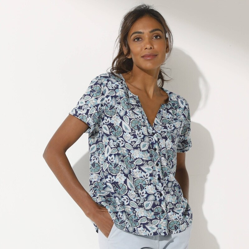 Blúzka s krátkymi rukávmi, potlač rastlín nám. modrá/modrá 044 61971413