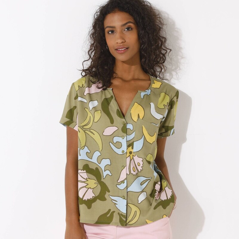 Blúzka s krátkymi rukávmi, maxi potlač khaki/ružová 044 Blancheporte 61971414