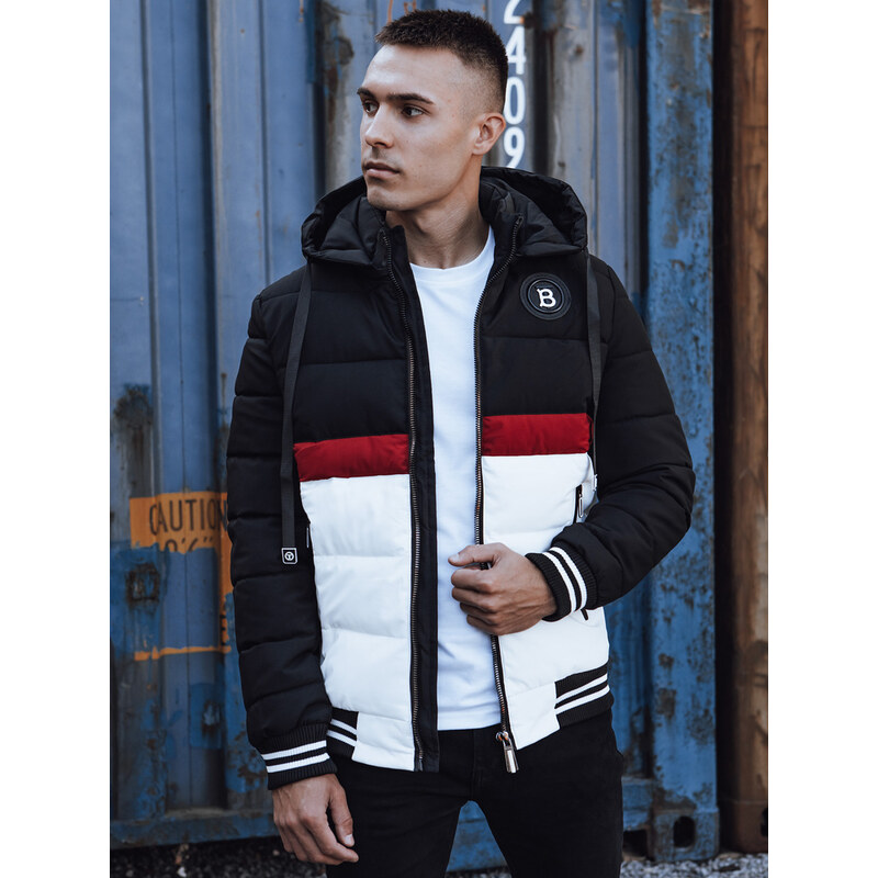 BASIC Pánska bielo-čierna zimná prešívaná bunda s kapucňou TX4869 61995959