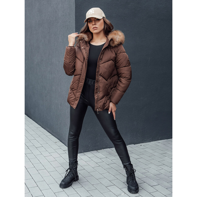 BASIC Tmavohnedá dámska prešívaná bunda s kožušinou na kapucni WAYWARD 62022186