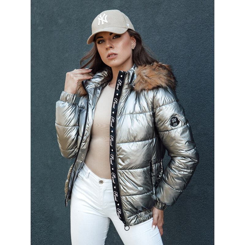 BASIC Strieborná lesklá bunda s kožúškom MELANI TY4486 62022192