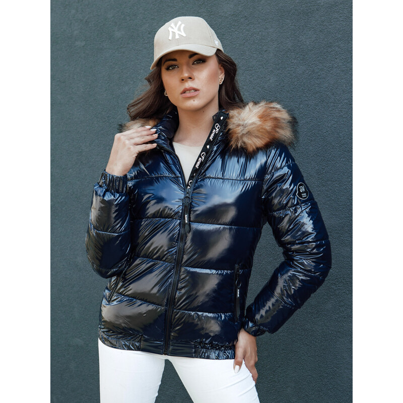 BASIC Tmavomodrá dámska lesklá bunda s kožúškom MELANI TY4487 62022191