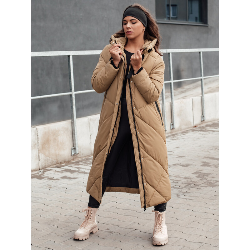 BASIC Dámska béžová zimná dlhá prešívaná bunda s kapucňou STREETFIT 62022202