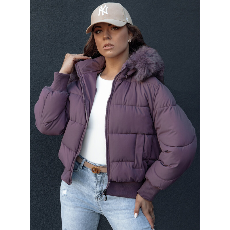 BASIC Fialová dámska zimná prešívaná bunda s kožúškom na kapucni 62022206