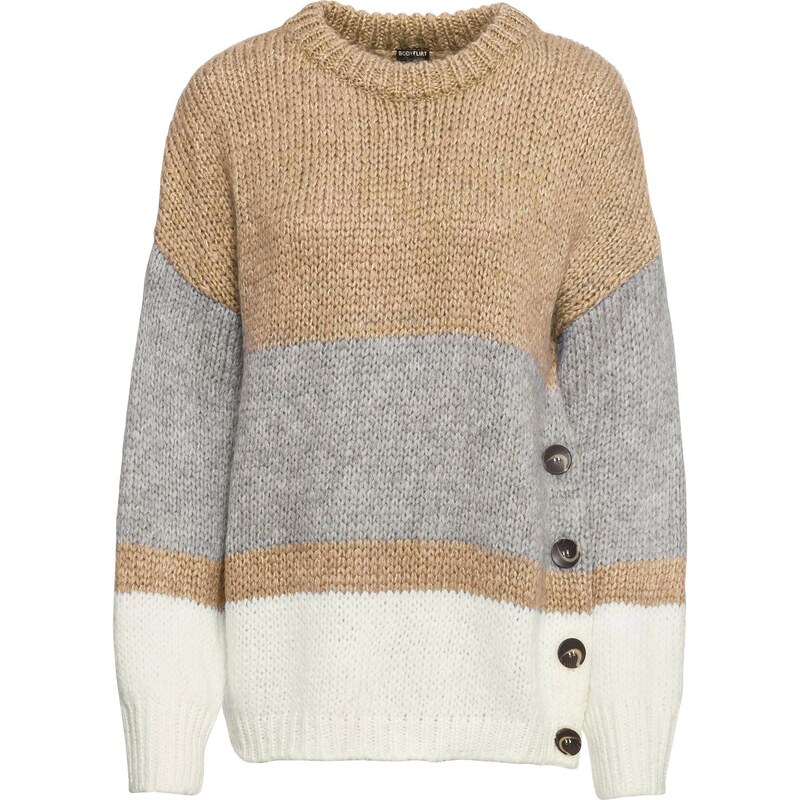 bonprix Oversize-pulóver, s pásikmi a gombičkami, farba béžová 45878198