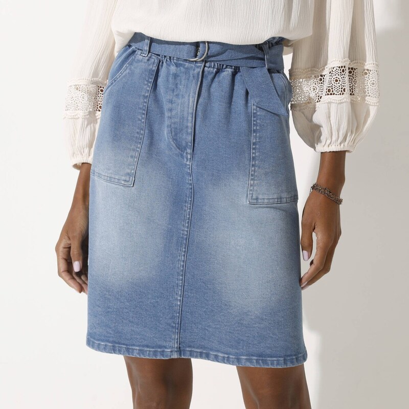 Rozšírená džínsová sukňa s pružným pásom zapratá modrá 038 62054598