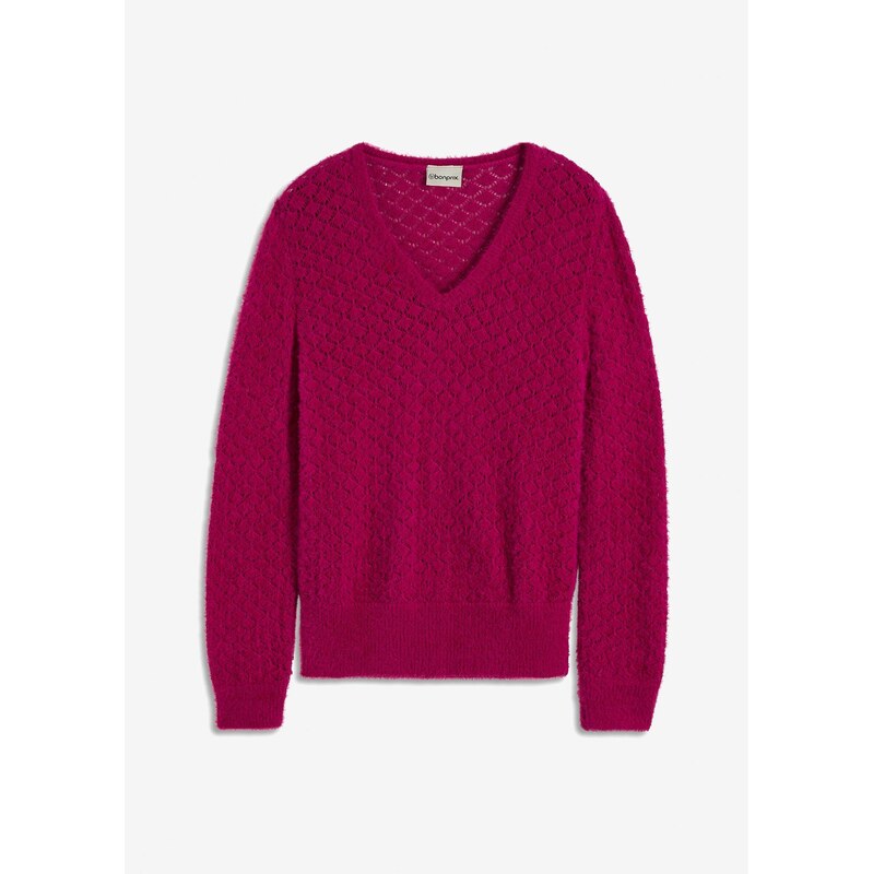 bonprix Ažúrový pulóver s ozdobnými vláknami, farba ružová 62055424