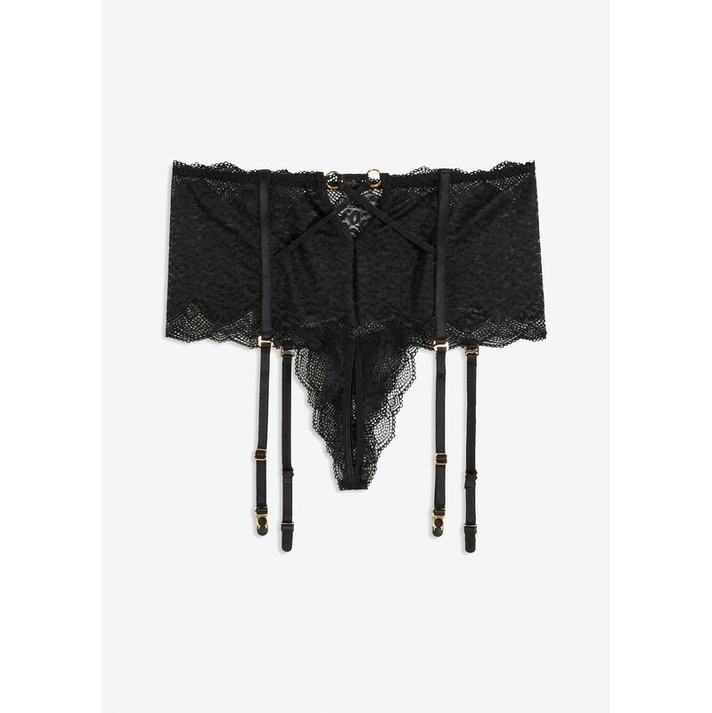 bonprix Vysoké stringové nohavičky s podväzkami, farba čierna 62055789