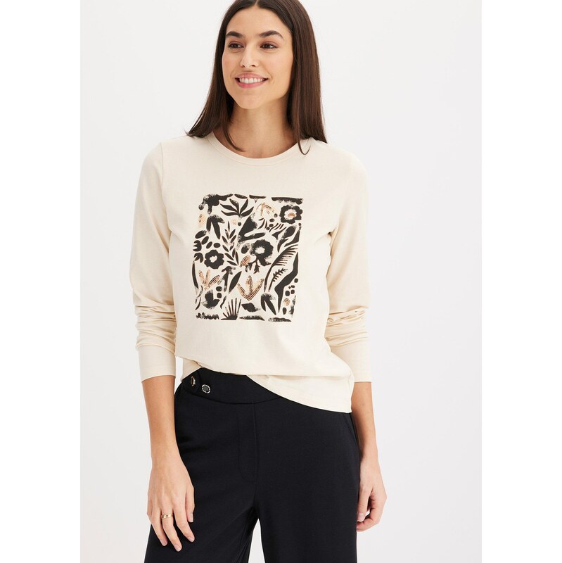 bonprix Tričko s dlhým rukávom a bio bavlnou, farba béžová 62055407