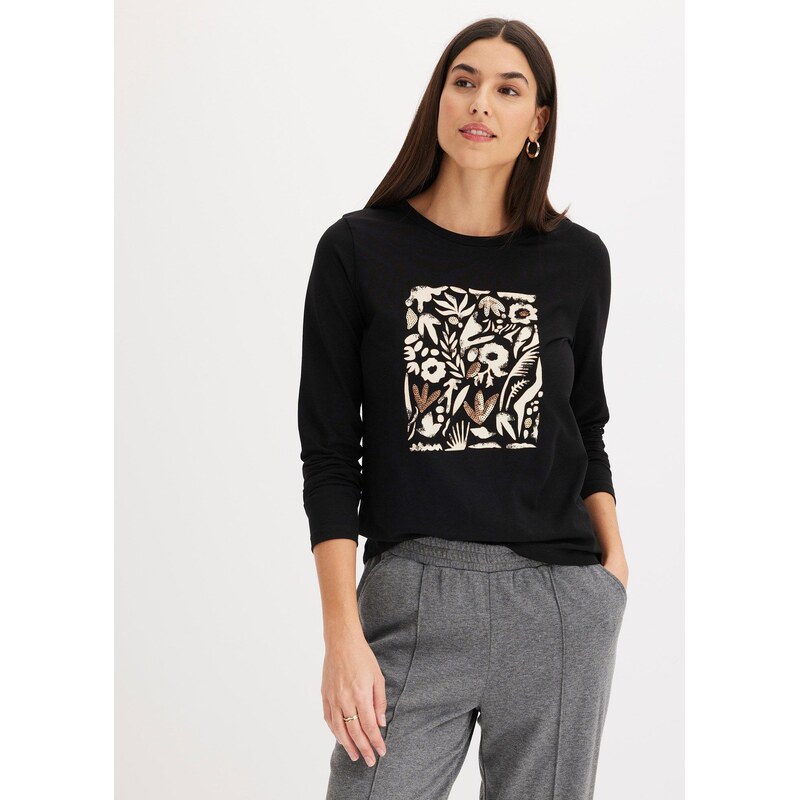 bonprix Tričko s dlhým rukávom a bio bavlnou, farba čierna 62055408