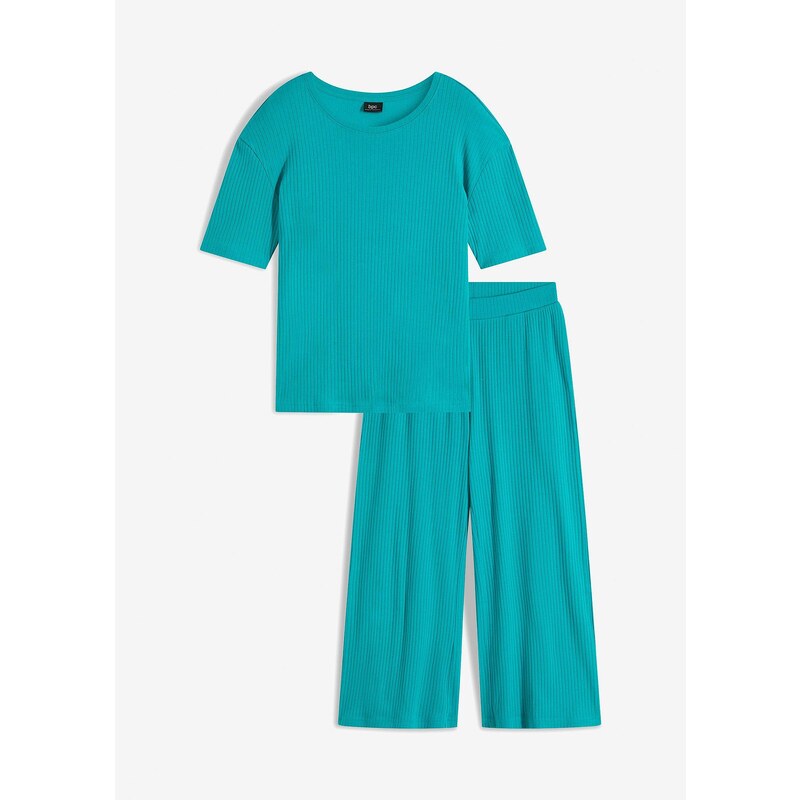 bonprix Pyžamo z vrúbkovaného materiálu, Culotte, farba zelená 49697662