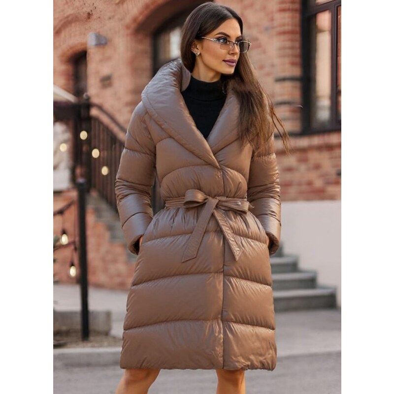 Due Linee Dámska bunda so zlatými retiazkami a strapcami latté 27541983