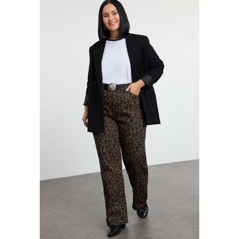 Trendyol Curve Brown High Waist Leopard Patterned Straight Fit Plus 58314887