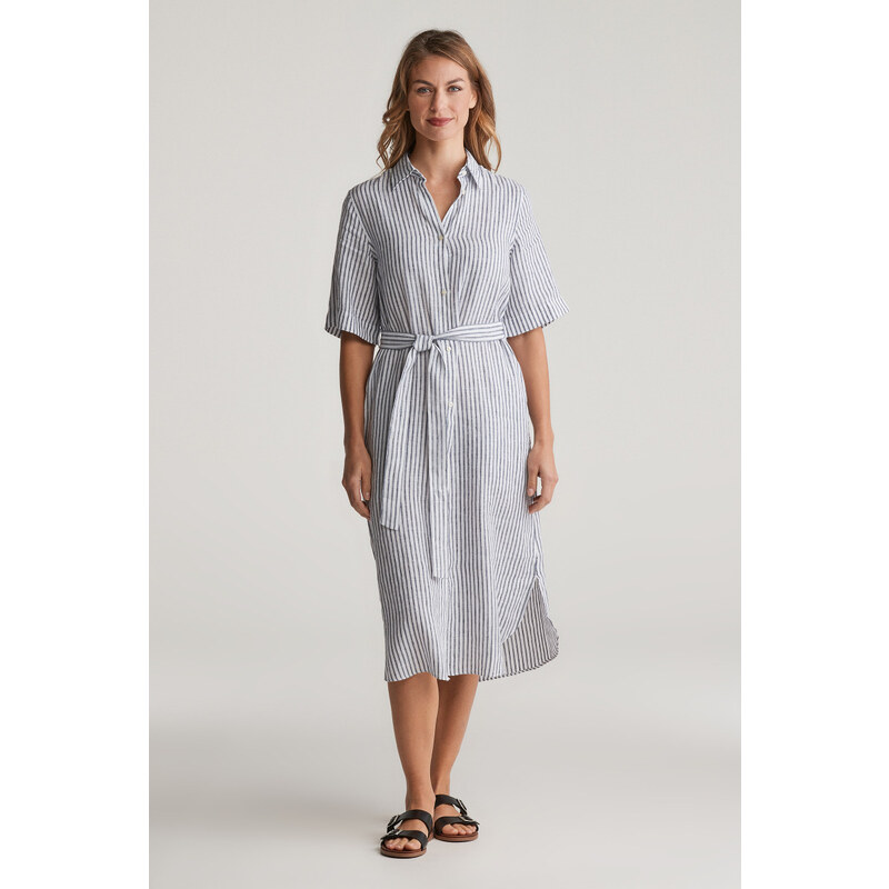 ŠATY GANT REG LINEN STRIPED SHIRT DRESS EVENING BLUE 62201205