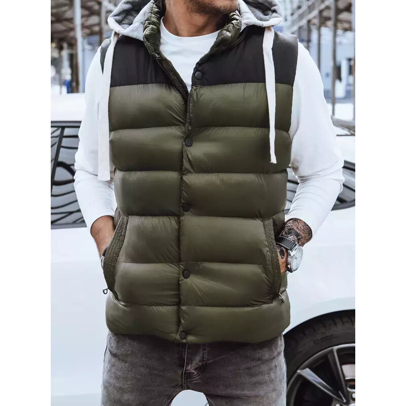 BASIC Tmavá khaki prešívaná vesta s mikinovou kapucňou TX3935z 46133043