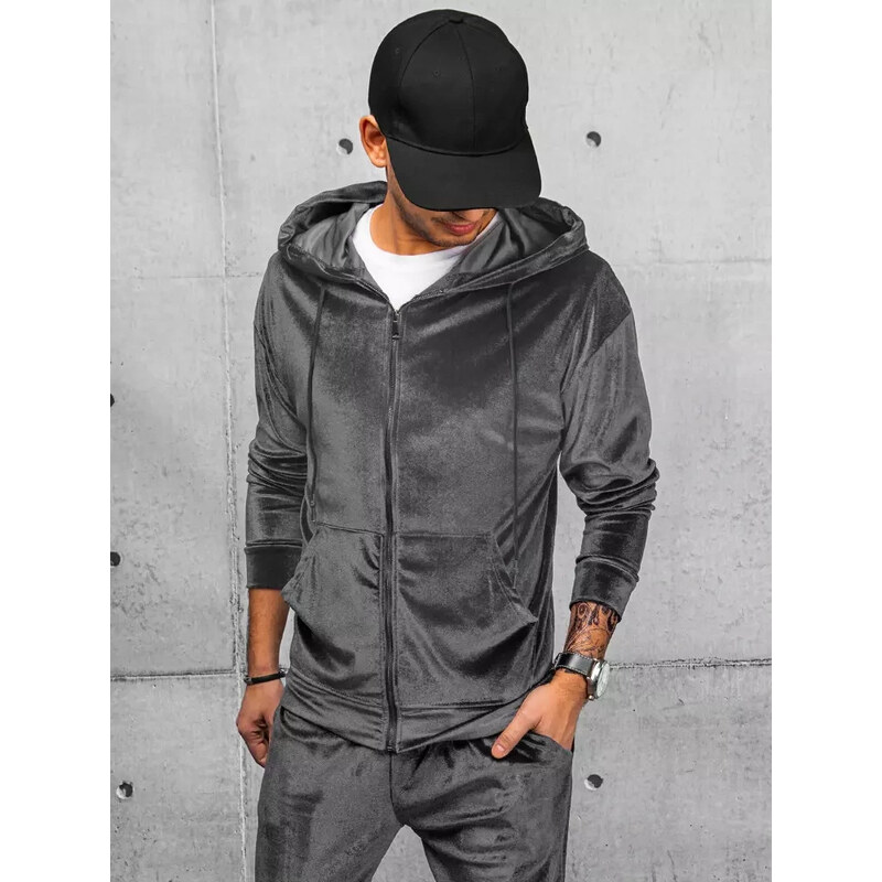 BASIC Sivá velúrová mikina s kapucňou a na zips BX5540 37146253