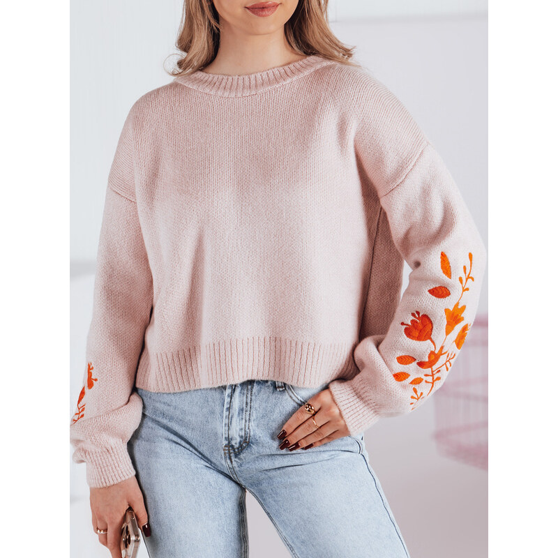 BASIC Ružový crop sveter s vyšívaním na rukávoch LYRA MY2215 45958457