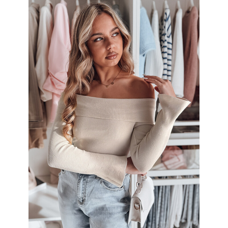 BASIC Béžový dámsky sveter s odhalenými ramenami SHOWIT MY2428 62285711
