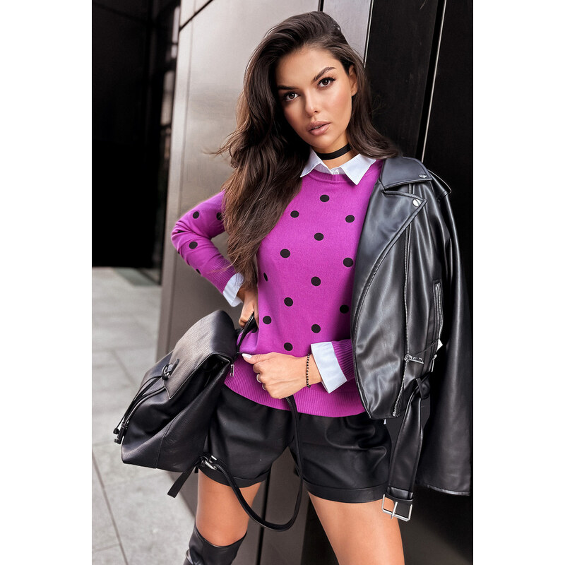 BASIC Dámsky fialový sveter s čiernymi bodkami ATHENA MY2055 57869280