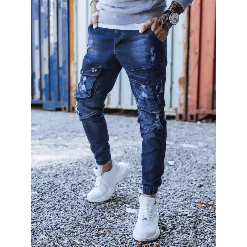 BASIC Tmavomodré dierované džínsy UX3284 26593841