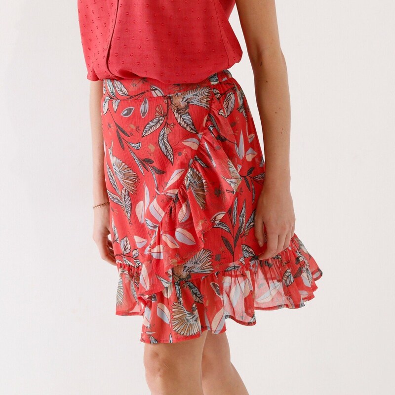 Sukňa so zavinovacím efektom, s volánom a potlačou koralová 040 51244095