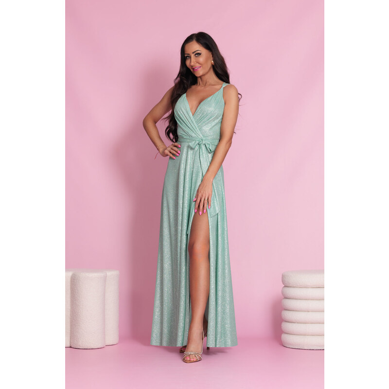 miadresses.sk Mentolové trblietavé šaty s rozparkom 62467302