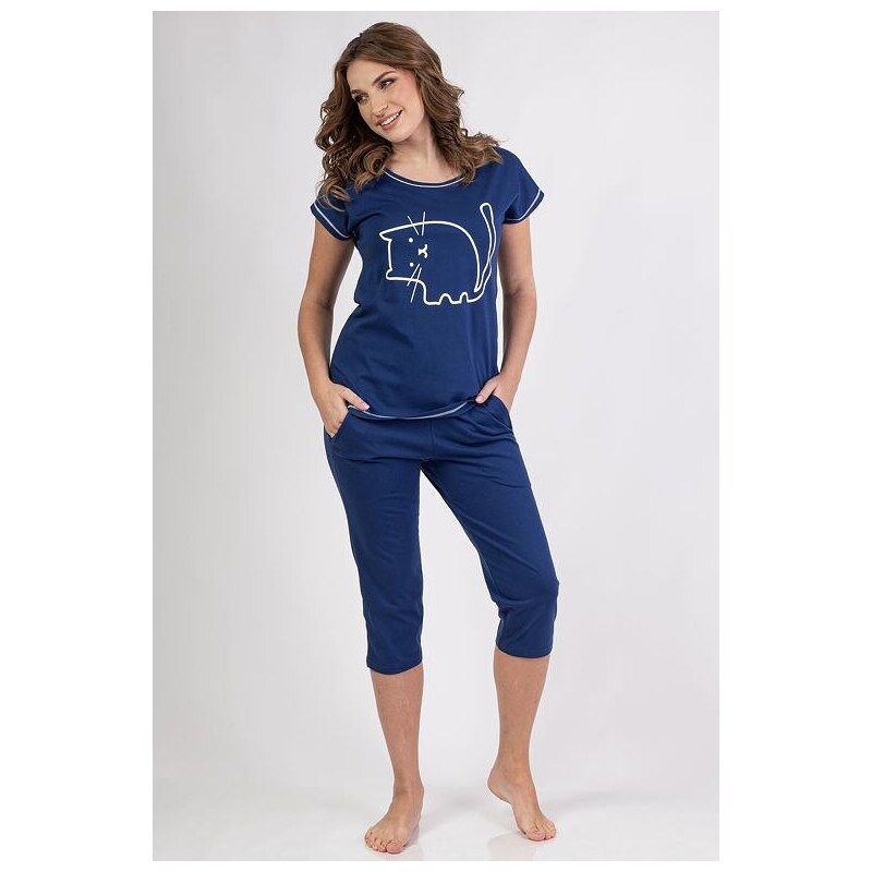 Regina Bavlnené dámske pyžamo Mici modré s mačkou 62399964
