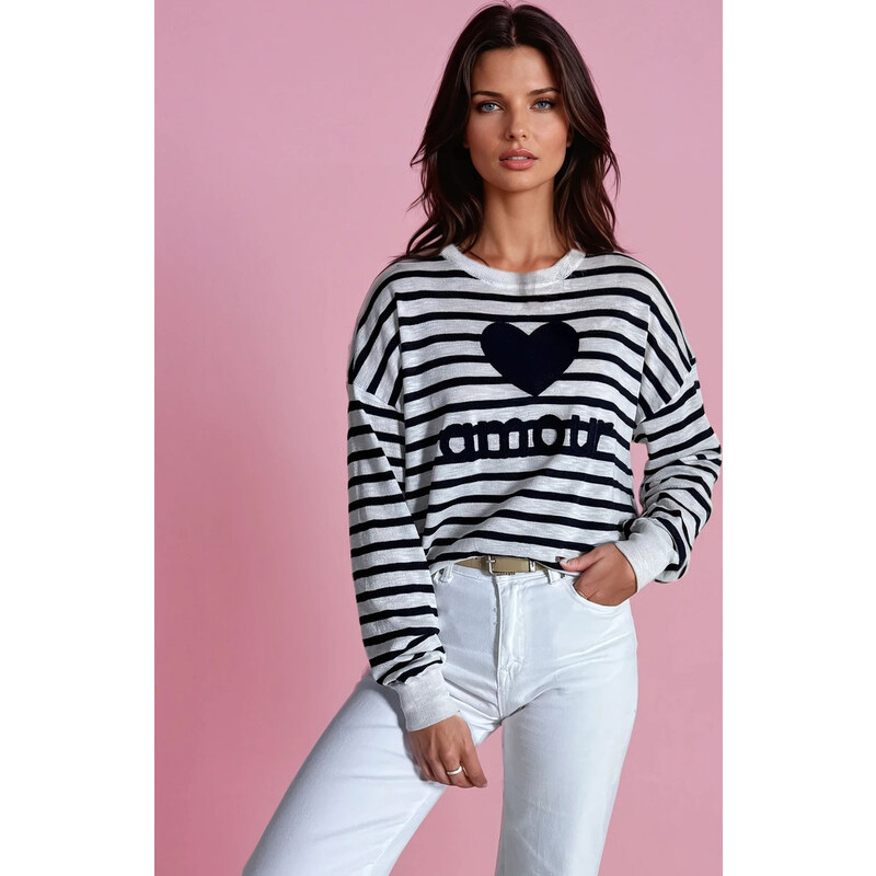 BASIC Tmavomodro-biely pruhovaný sveter so srdiečkom NOVES MY2320 49672018